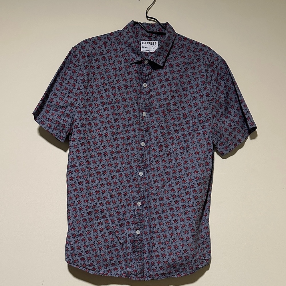 Express Men's Button-Down Shirt with Gray and Red Pattern